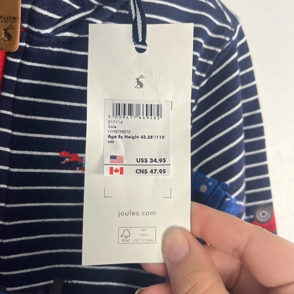 New Joules Boys’ Dale Half Zip Sweatshirt Size 5 Years